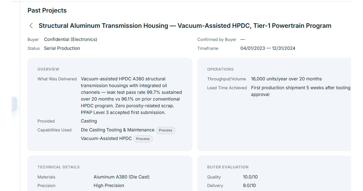 Discoverer platform — Past Projects view showing buyer-confirmed project records with performance metrics