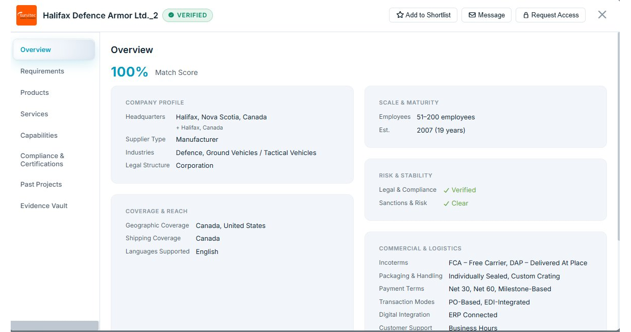 Discoverer platform — Public supplier profile view, Halifax Defence Armor Ltd. with 100% match score, company profile and verification signals