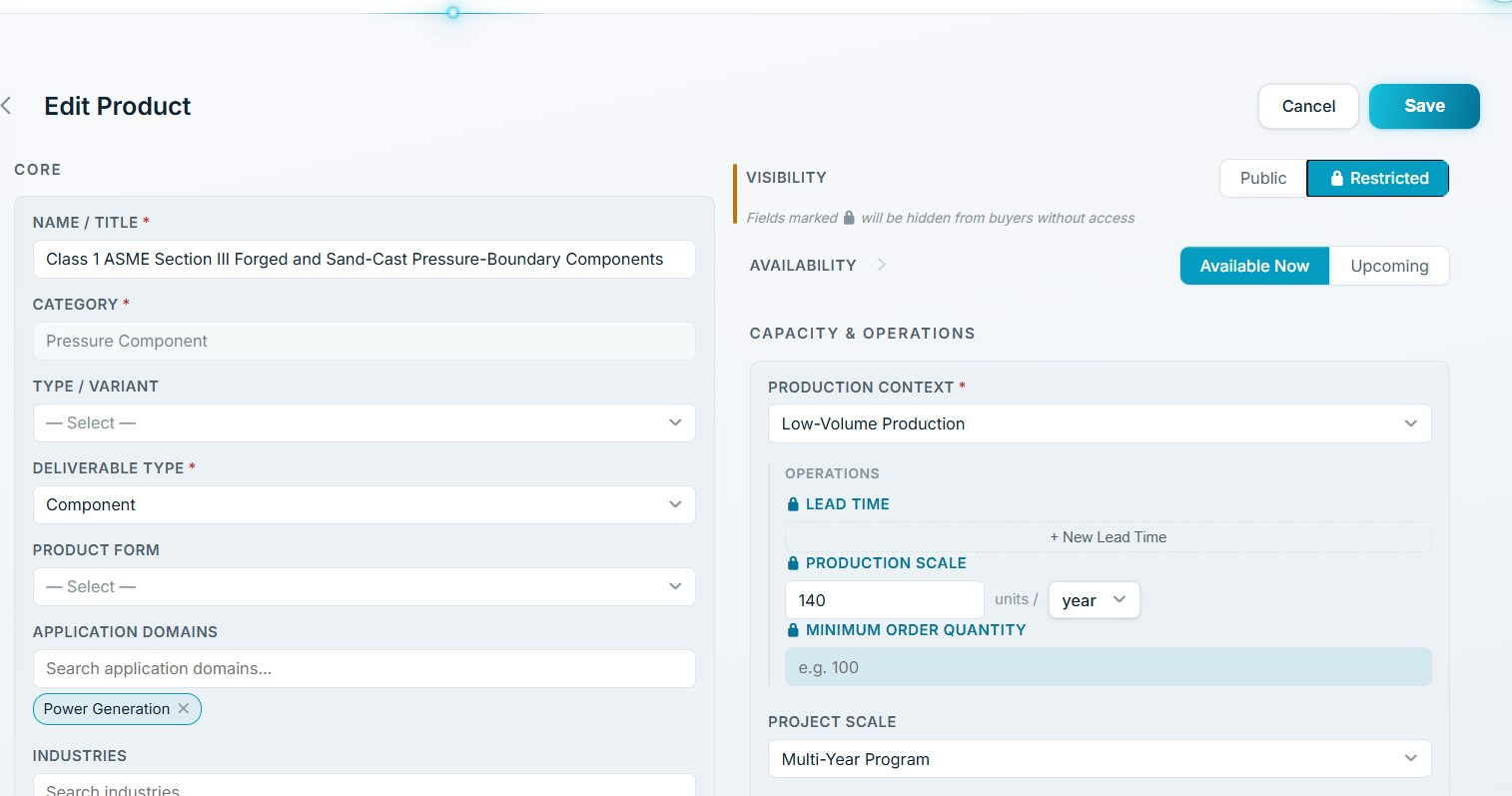 Discoverer platform — Supplier-side Edit Product page with Public/Restricted visibility toggle and field-level lock controls